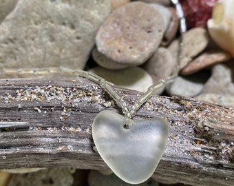 SEA GLASS heart | clear beach glass necklace jewelry wedding bride, vintage upcycled liquid silver glass, teen girl choker, liquid metal