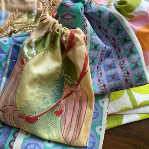 GIFT bags | 15 small handmade upcycled designer fabrics | drawstring gift packaging | jewelry shop decor | vintage fabric repurposed market