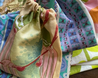 GIFT bags | 12 small handmade upcycled designer fabrics | drawstring gift packaging | jewelry shop decor | vintage fabric repurposed market
