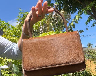 VINTAGE purse: leather brown two-tone pony hide top handle small structured handbag clutch 8”x5”