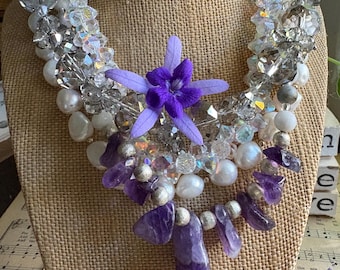 VINTAGE necklace | amethyst pearl crystal beads mothers day earth stone mineral positivity vibe zen decor natural jewelry elegant summer