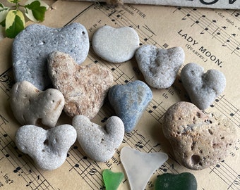 STONE HEARTS | 13 natural undrilled beach stone, sea glass, shell organic love rock, wedding decoration zen,cottage rustic,gift from the sea