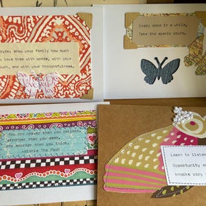 4 cartões de visita ÚNICOS | cartão de felicitações em branco, costurado e digitado à mão com mensagem significativa, papel de colagem, marrom ou branco perolado, 6x4”