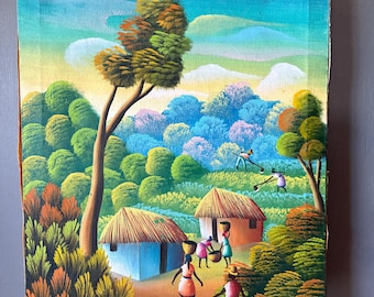 Vintage Haitian Oil Painting: Tropical Village Art, Signed P.Rene (16x12”)