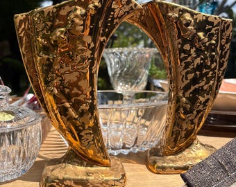 2 WEEPING GOLD vase set: vintage ceramic accent bridal wedding keepsake 8”x5”