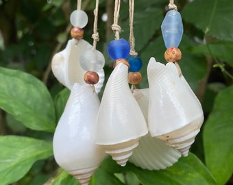 NATURAL ELEMENT | 5 beach shells ornaments, white beige blue glass bead,repurpose ocean life,unique Christmas gift,wrapping tags,drilled