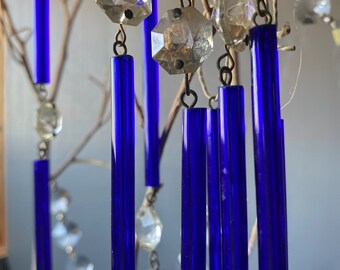 VINTAGE GLASS | 1 double cobalt blue thin bar bead, chandelier hanger parts bead outdoor display reflector ornamental dream garden mobile