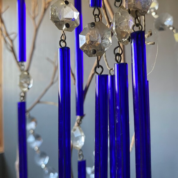 VINTAGE GLASS | 1 double cobalt blue thin bar bead, chandelier hanger parts bead outdoor display reflector ornamental dream garden mobile