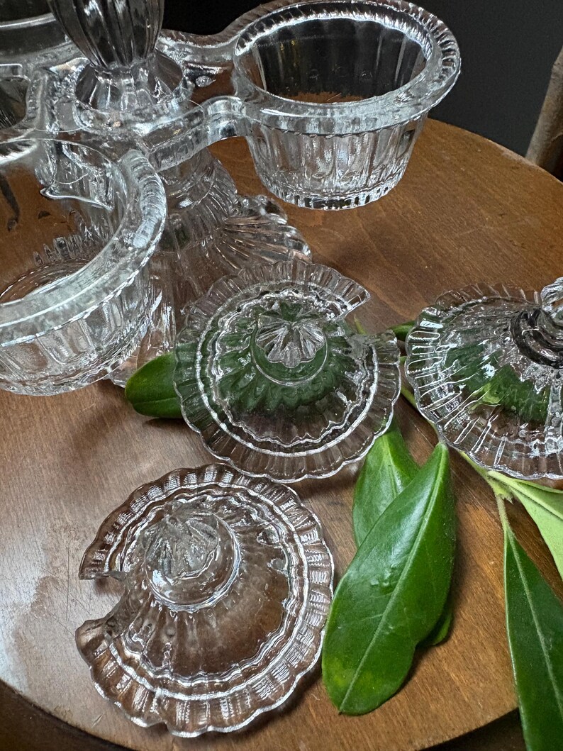 VINTAGE condiment serving: cruet depression glass and lids,fancy food kitchen jam server bakery,farm house elegant dinner image 12