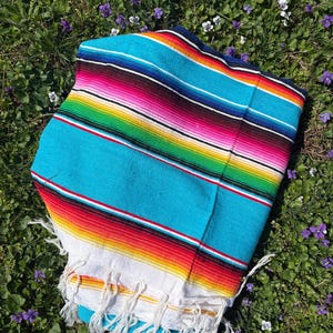 VINTAGE blanket: Serape Mexico woven fabric bright color picnic beach yoga throw 80”x56” south western Aztec flair image 6