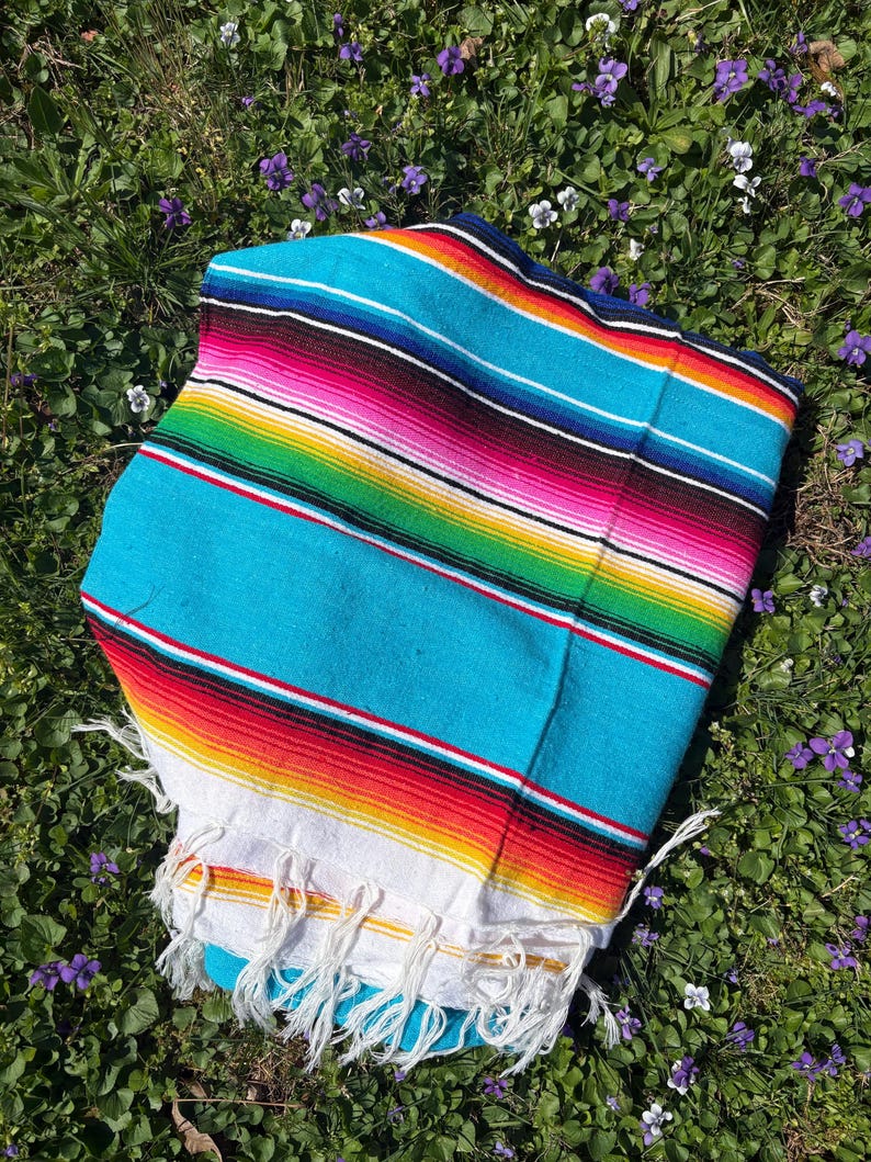 VINTAGE blanket: Serape Mexico woven fabric bright color picnic beach yoga throw 80”x56” south western Aztec flair image 6