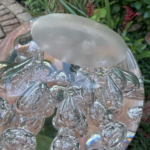 May include: A clear glass paperweight with a frosted oval top and numerous teardrop-shaped bubbles inside. The bubbles are reflective, and the paperweight sits on a reflective surface. The background features green foliage.