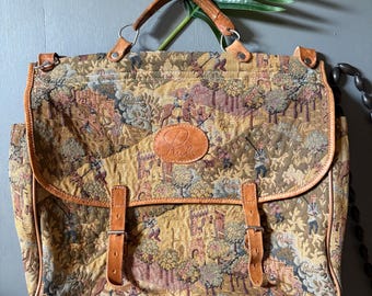 VINTAGE Rula floral tapestry and leather 2-sided book bag boho style natural brown