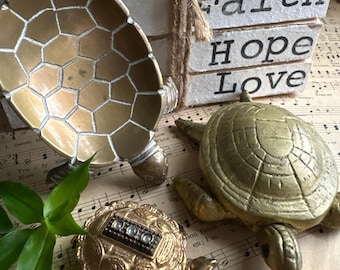 3 VINTAGE brass turtle; gold pill box ashtray and dish, land creature pet tortoise child make believe doll house pet 2” - 4.5”