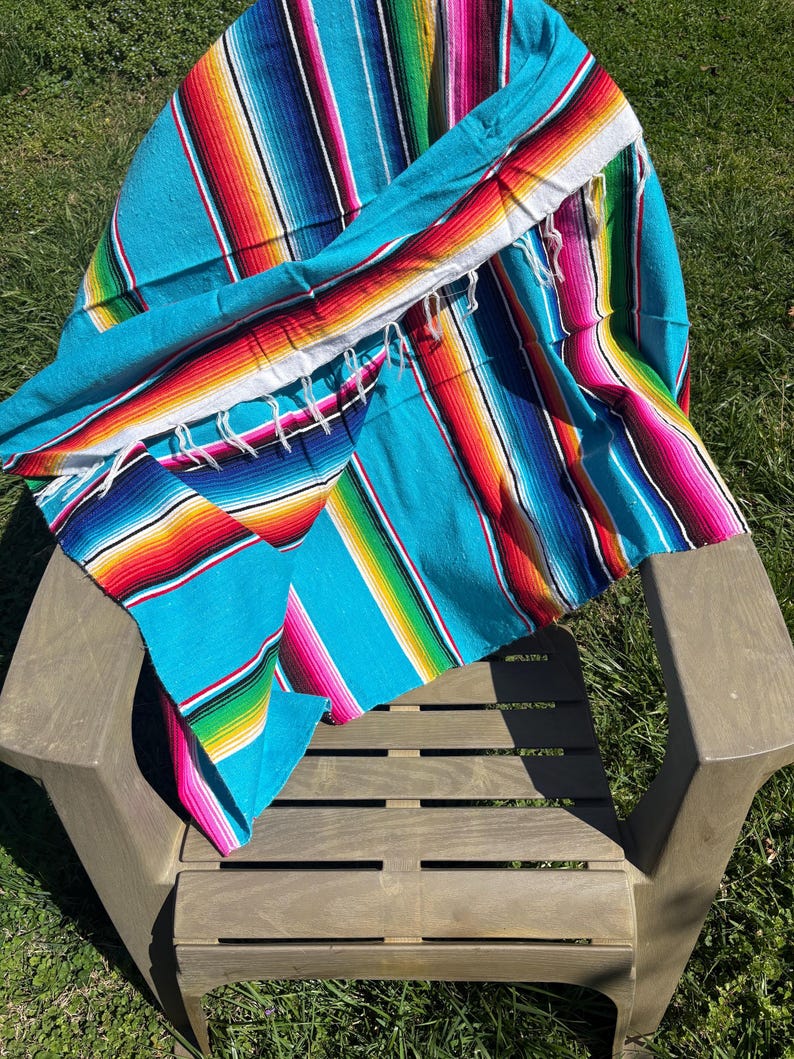 VINTAGE blanket: Serape Mexico woven fabric bright color picnic beach yoga throw 80”x56” south western Aztec flair image 7