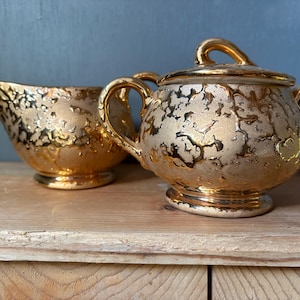VINTAGE McCoy Weeping Gold socker- och gräddkanna keramik 24k