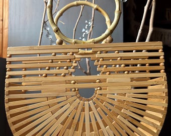 Bamboo purse: tropical wood small top handle handbag 9”x7”x3”
