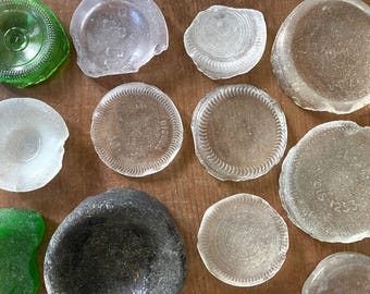 15 SEA GLASS bottle bottoms | chunky glass bottle shards, rustic stained glass mosaic diy crafts,Victorian Era historic black glass,clear