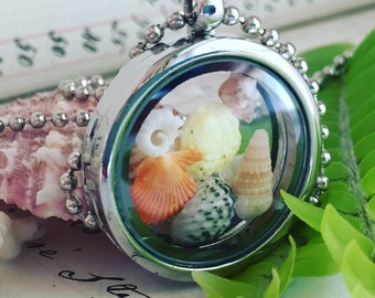 LOCKET necklace 24” chain miniature beach shell sea glass silver tone crystal round pendant bridal wedding gift sea glass jewelry Christmas