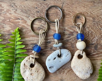 WISH STONE keychain | natural hole hag beach pebble rock key fob, African recycle blue glass bead,key ring gift, boho vibe Earth geology