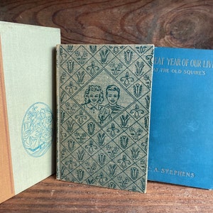 4 VINTAGE BOOKS classic library book collection blue orange linen, Julius Caesar,Bobbsey Twins,Alcott , unique mom gift,new home rustic image 1