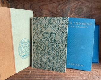 4 VINTAGE BOOKS | classic library book collection blue orange linen, Julius Caesar,Bobbsey Twins,Alcott , unique mom gift,new home rustic