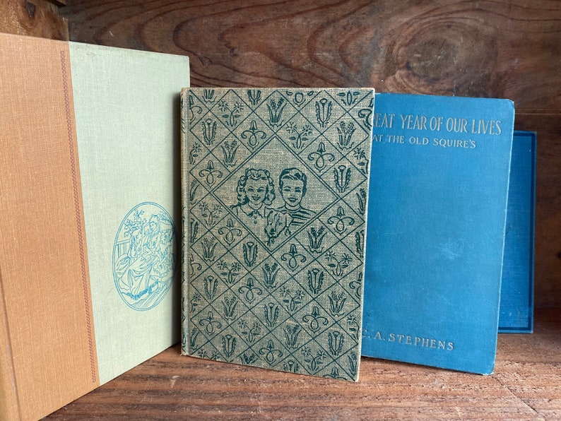 4 VINTAGE BOOKS classic library book collection blue orange linen, Julius Caesar,Bobbsey Twins,Alcott , unique mom gift,new home rustic image 1