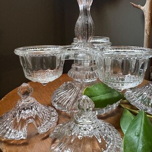 VINTAGE condiment serving: cruet depression glass and lids,fancy food kitchen jam server bakery,farm house elegant dinner image 4