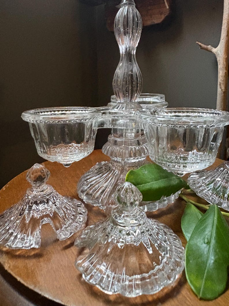 VINTAGE condiment serving: cruet depression glass and lids,fancy food kitchen jam server bakery,farm house elegant dinner image 4