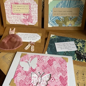 5 cartões de visita ÚNICOS | cartão de felicitações em branco, costurado e digitado à mão com mensagem significativa, papel de colagem, marrom ou branco perolado, 6x4”