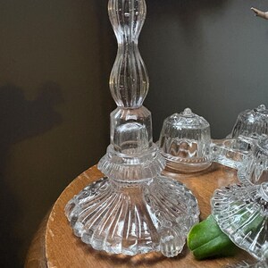 VINTAGE condiment serving: cruet depression glass and lids,fancy food kitchen jam server bakery,farm house elegant dinner image 5