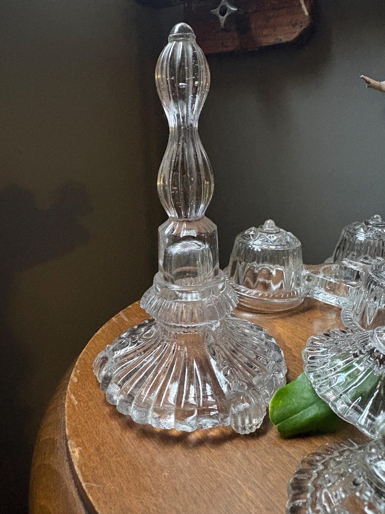 VINTAGE condiment serving: cruet depression glass and lids,fancy food kitchen jam server bakery,farm house elegant dinner image 5