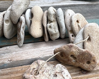 16 HAG STONES natural hole organic chunky beach rock pendant mobile garden art craft fortune luck well wish, ocean gift of the sea
