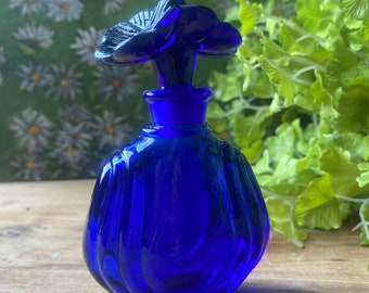 GLASS cobalt blue perfume bottle | vintage bottle with floral stopper | essential oils kitchen chef bridal vanity, beach cottage hostess