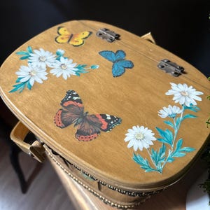 WINTAGE decoupage pudełko torebka | motyl kwiatowy naklejka ręcznie robione drewniane wieczko, ślub panna młoda torebka kosmetyczka etui na telefon toaletka podróż
