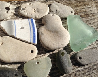 BEACH TREASURES...12 jewelry making supplies, a mix of stones and sea glass-rustic beads-necklace diy