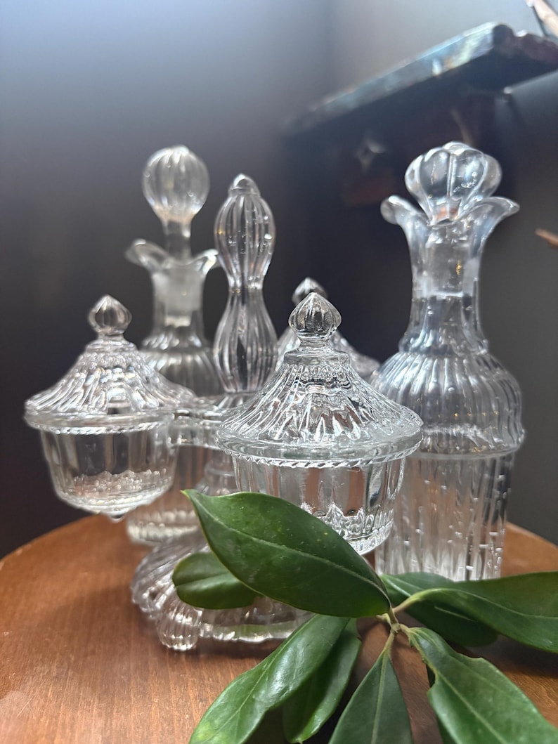 VINTAGE condiment serving: cruet depression glass and lids,fancy food kitchen jam server bakery,farm house elegant dinner image 1