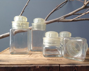 GLASS JARS 5 small vintage clear containers with lids crafting supplies display kitchen spices organizing shelf office herb storage