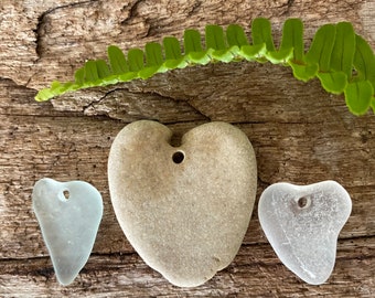 BEACH HEART | 3 natural top drilled stone, sea glass organic love rock, wedding decoration zen,cottage rustic,gift from the sea