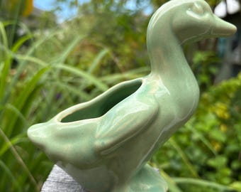 VINTAGE small duck planter: green ceramic miniature gardening upcycled pot, succulent container tiny house bonsai 6”, hairline crack