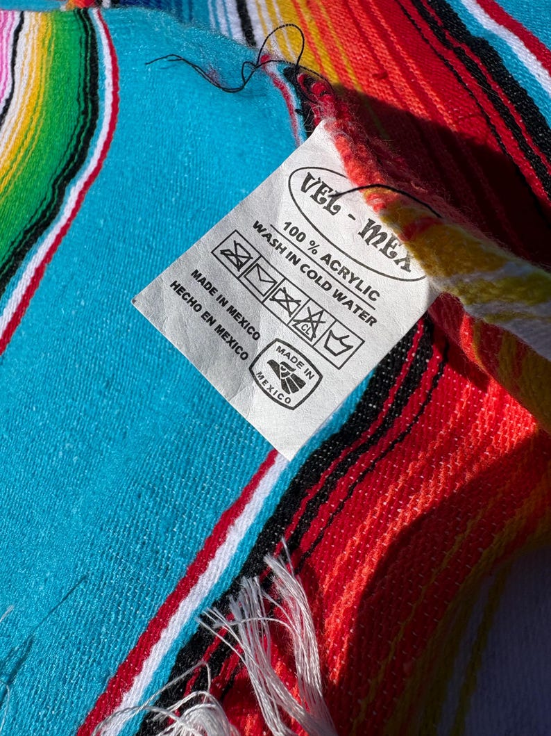 VINTAGE blanket: Serape Mexico woven fabric bright color picnic beach yoga throw 80”x56” south western Aztec flair image 3