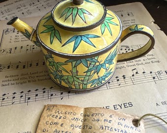 VINTAGE miniature teapot: yellow bamboo 3” ornamental enamel on metal decoration,unique Christmas gift collectible tea house decor