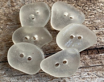 3/4” SEA GLASS buttons | 6 white/clear ocean beach glass,sewing notion knitting upholstery, Christmas gift bookbinding jewelry diy