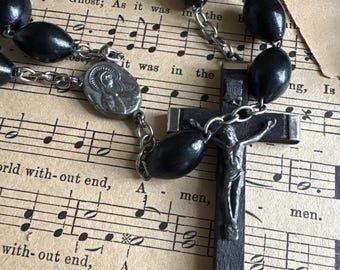 Vintage rosary large black bead Italy Catholic Church 30” long
