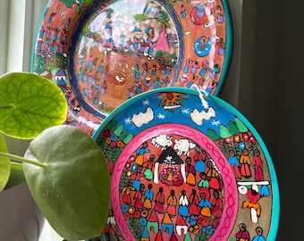 Vintage Painted Terra Cotta Plates: Mexican Travel Souvenir Art (Set of 2)