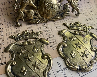 VINTAGE METAL | 3 brass embossed carriage emblems, Royal lion shield of armor,gifts for him,unique car decal,Europe heritage family heirloom