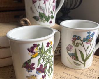 3 Portmeirion mugs: porcelain coffee cup English garden botanical butterfly bug 3.5”