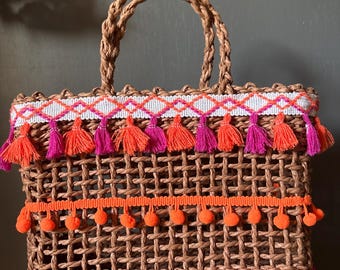 Paper woven purse: tropical small top handle handbag neon fringe 11”x8”x4”