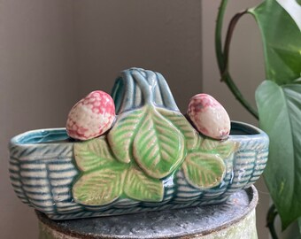 VINTAGE fruit 5.5” basket pottery | small planter,unique Christmas table setting strawberry pink berry,succulent container country cottage