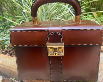 VINTAGE PURSE | box style leather handbag top handle Saks Fifth Ave,two tone brown stitched,brass hardware, high fashion,unique mom gift